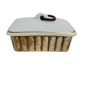 MCM Atomic Style Trinket Box Ridged Brass Base Ceramic Lid O Ring Handle Decor